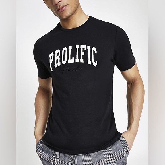 River Island Mens Black Embroidered 'Prolific' Print Slim Fit T-Shirt - Picture 1 of 5